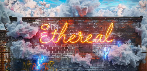 neonic colorful written words on street wall background