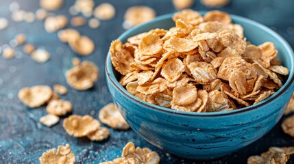 Obraz premium A bowl of cereal with flakes scattered around it on a table, AI