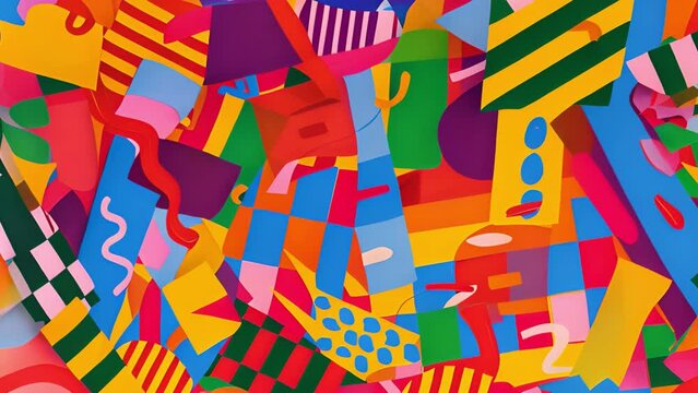 A vibrant collage featuring a variety of shapes and patterns with a bold color palette.