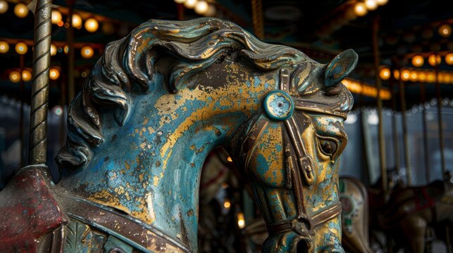 A forgotten carousel horse in an abandoned amusement park, weathered and chipped