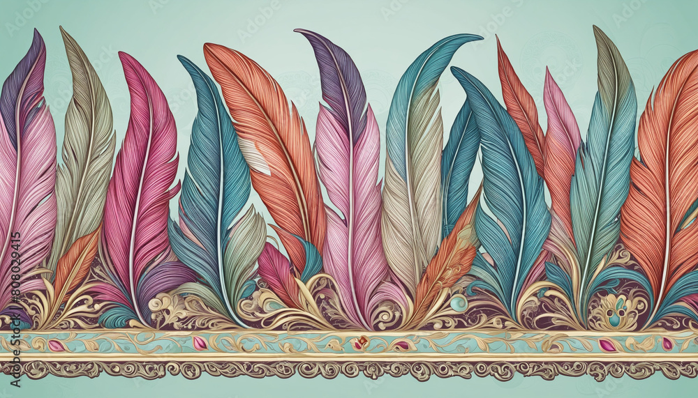 Poster ai-generated detailed feather pattern border with vibrant colors for design elements