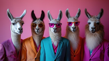 Obraz premium Llamas Dressed in Vibrant Suits and Sunglasses, Fashionable Portrait