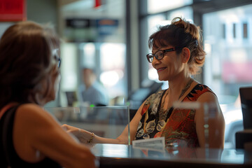 old woman bank teller wears a business style dress and glasses