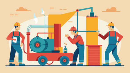 Workers are hard at work setting up the buildings fire pump a powerful piece of machinery responsible for pumping water in case of a fire.. Vector illustration