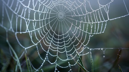 Close-up of a glistening spider web covered in dew at sunrise, the beauty of nature captured