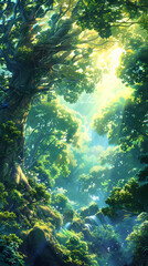  towering ancient trees, whimsical creatures, and soft rays of sunlight piercing through the canopy. Picture a scene 