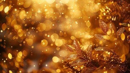 A blurred background of golden glittering lights creates an atmosphere of celebration and luxury The gold hues add to the festive ambiance with sparkling bokeh effects High resolut