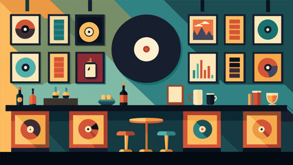 The bars walls were lined with framed vinyl records adding to the nostalgic atmosphere as patrons flipped through the jukeboxs colorful album covers. Vector illustration