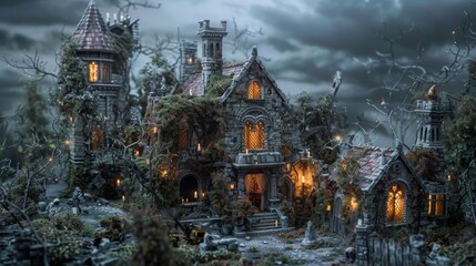 A haunted mansion shrouded in mist and mystery, where crumbling stone walls and twisted, ivy-covered turrets