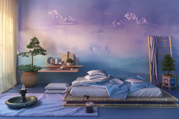 A serene, Zen-inspired teenager's bedroom with walls painted in soothing shades of blue and purple,...