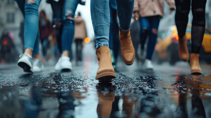A close-up photorealistic image of diverse female legs walking down a city street. Group of women marching on the road in protest. Women's rights. it' symbolizing women's unity and movement. - Powered by Adobe
