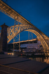 Twilight view of the iconic Don Luis I bridge in Porto, Portugal over the Douro river