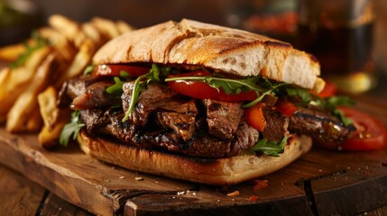 A steak sandwich served with fries on a rustic wooden board, satisfying comfort food