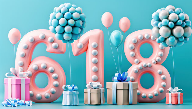 Pastel pink and blue balloons and large 618 numerals surrounded by colorful gift boxes celebrating the 618 shopping festival in China.