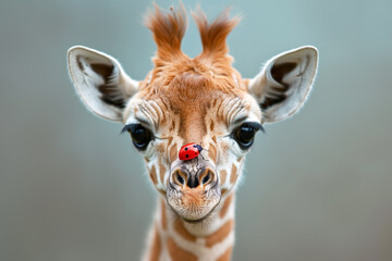 A baby giraffe curiously observes a ladybug perched on its nose.