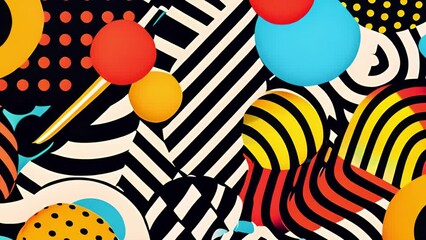 A colorful array of patterns and geometric shapes creating a dynamic composition.