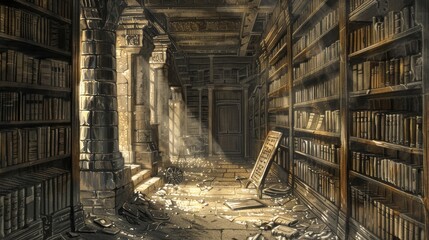 A forgotten library filled with towering bookshelves and swirling dust motes in a beam of sunlight