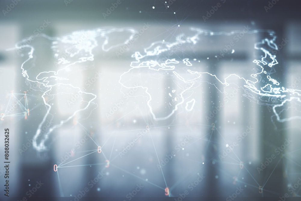 Aufkleber Multi exposure of abstract graphic world map hologram on abstract empty interior background, connection and communication concept