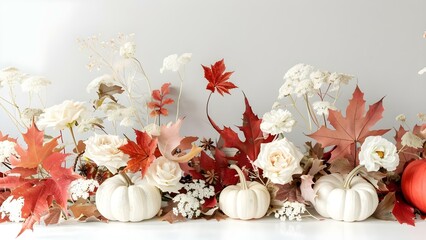 Simple Thanksgiving Decor with Dried Leaves, Pumpkins, and White Flowers. Concept Thanksgiving Decor, Dried Leaves, Pumpkins, White Flowers