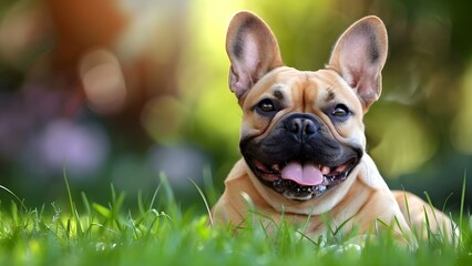 Fototapeta premium An exuberant French Bulldog revels in the outdoors with carefree energy and joy. Concept Outdoor Photoshoot, Playful Poses, Energetic Dog, French Bulldog Portrait, Joyful Moments