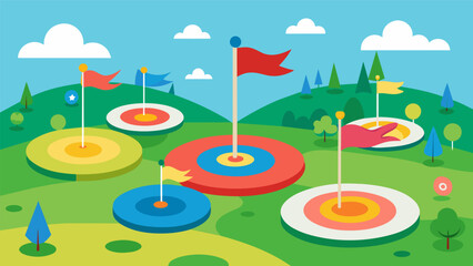 Colorful flags marking the various holes and targets of the frisbee golf course tered throughout the idyllic park.. Vector illustration