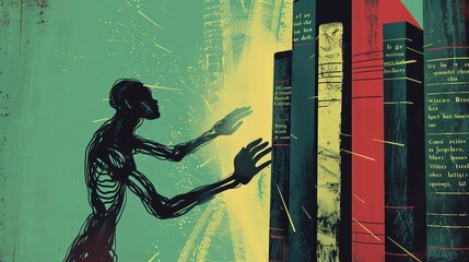 A figure with elongated limbs, reaching towards a book glowing with an unknown script. 