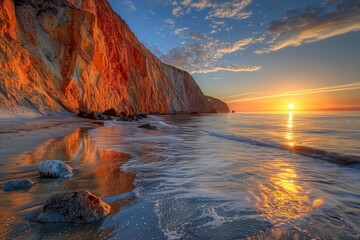 Coastal Cliff, Golden sunlight reflecting off the sea, Cliffside framing the ocean vista, Low-angle perspective from beach, Blue hues of ocean contrasted with warm cliffs, Sunset hour at the coast