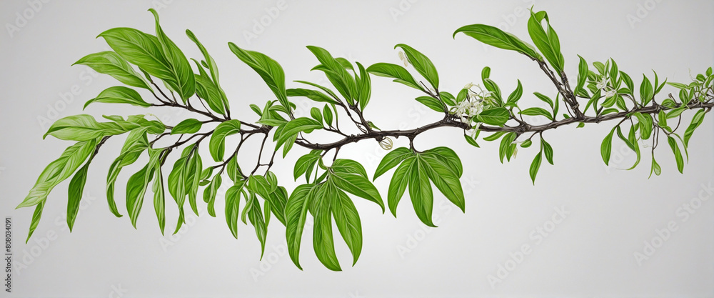 Poster generative ai technology creates a realistic plant with green leaves and a twisted tree branch on an
