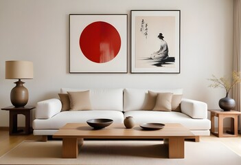 A minimalist living room with a white sofa, wooden coffee table, and abstract art pieces on the wall,on the wall are two paintings of Japanese zen art