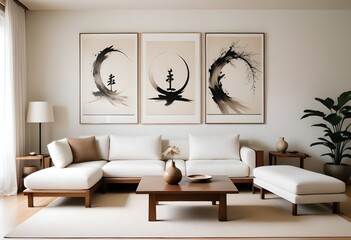 A minimalist living room with a white sofa, wooden coffee table, and abstract art pieces on the wall,on the wall are two paintings of Japanese zen art