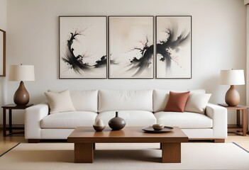 A minimalist living room with a white sofa, wooden coffee table, and abstract art pieces on the wall,on the wall are two paintings of Japanese zen art