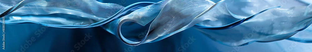 Poster Blue seaweed background with intertwined, large and thick, matte and translucent elements, with copy space. Soft gradient from light blue to dark blue, sense of depth, high resolution