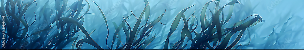 Poster blue seaweed background with intertwined, large and thick, matte and translucent elements, with copy
