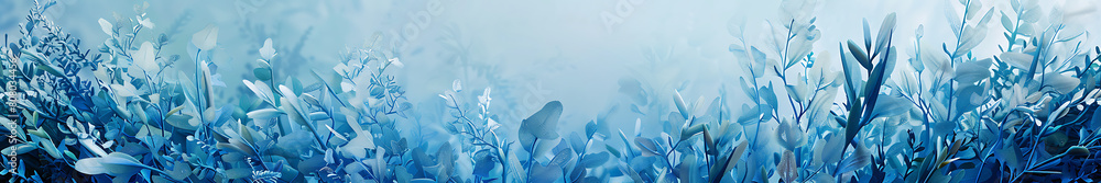 Poster blue seaweed background with intertwined, large and thick, matte and translucent elements, with copy