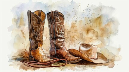 Iconic cowboy gear, including spurs and lassos, Watercolor style - obrazy, fototapety, plakaty