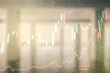 Multi exposure of virtual abstract financial graph hologram and world map on modern interior...