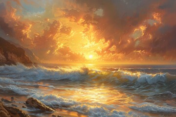 Coastal Sunrise, Golden sunlight over ocean, Rocky coastline at sunrise, Eye-level view, Warm hues of sunrise