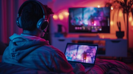 A dynamic image capturing the motion of a person streaming a movie on a laptop with headphones on, immersed in a world of cinematic storytelling and digital entertainment