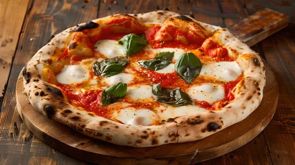 Fresh Baked Traditional Italian Pizza with Mozzarella and Basil on Wooden Table
