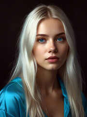 Naklejka premium A beautiful blonde girl with long hair and beautiful blue eyes exudes a captivating charm. Her golden locks fall around her shoulders.