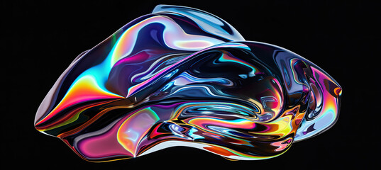 Bold holographic liquid blob shape isolated. Iridescent wavy melted substance on black background	