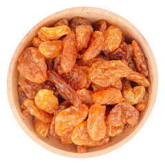 golden raisins in the wooden bowl isolated transparent