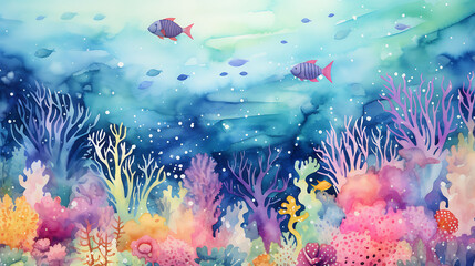 Conjure a watercolor background depicting the vibrant life under the sea, with a focus on a coral reef ecosystem