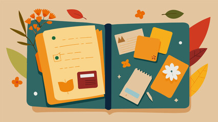 A scrapbook its pages yellowed with age is filled with ticket stubs postcards and dried flowers.. Vector illustration