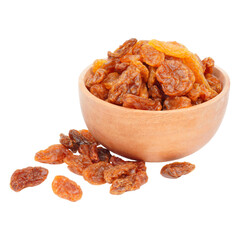 golden raisins in the wooden bowl isolated transparent