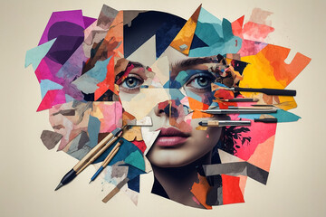  Abstract collage using bright cut-out images of art tools and a girl.
