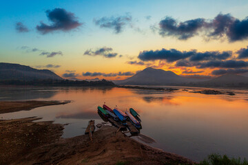 Mekong river and mountain scenery in the morning,Kaeng Khut couple scenery, Chiang Khan, Thailand - obrazy, fototapety, plakaty