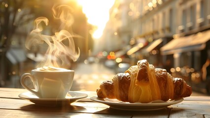 Savoring a croissant and cappuccino in a Parisian café on a sunny day. Concept Parisian Café Experience, Croissant Delight, Cappuccino Bliss, Sunny Day Indulgence