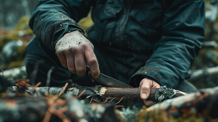 Closeup of man cutting stick in the forest. Bushcraft survival concept