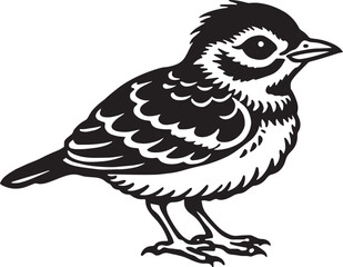 Black and white illustration of a sparrow on a white background.